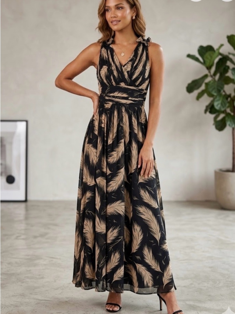 Marchesa Notte Feather Print Silk Chiffon Gown Ruffle Maxi Size 2